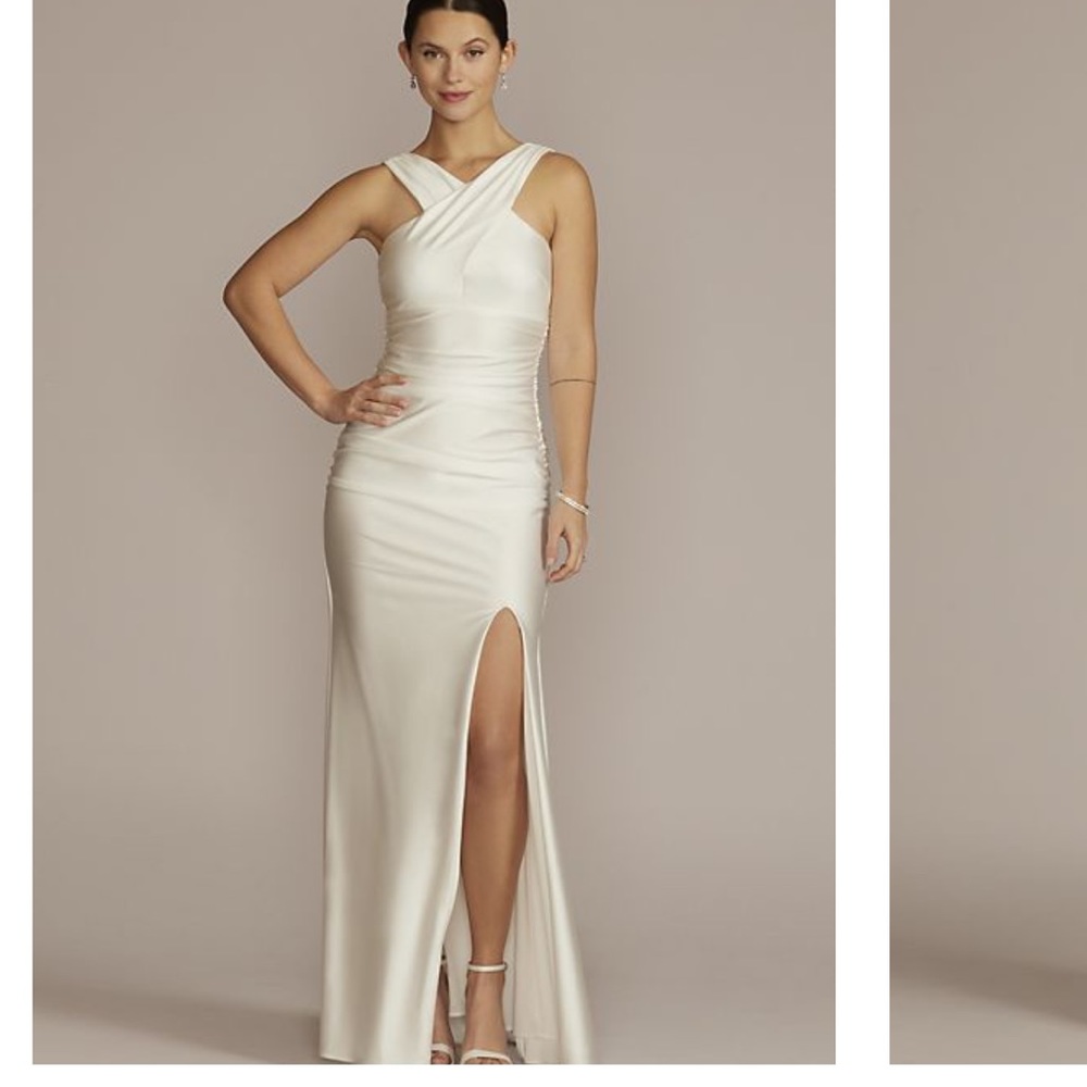 David's Bridal Ivory One-Shoulder Satin Gown with Side Slit
